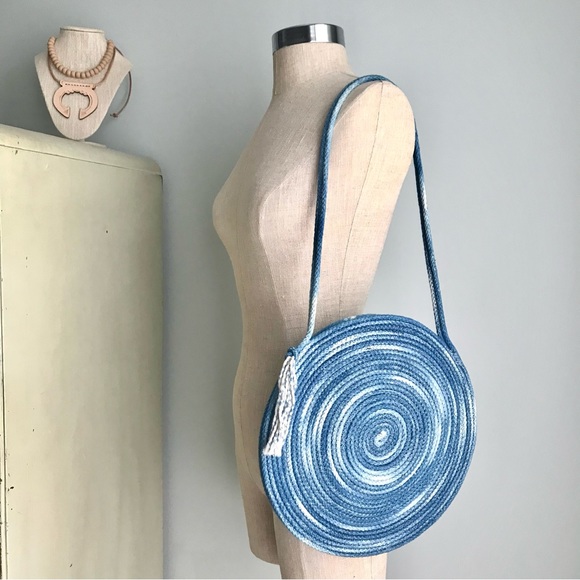 Hey Blue Handbags - HEY BLUE Handmade Blue Cotton Dyed Round Circle LP Bag // Rope Woven Purse